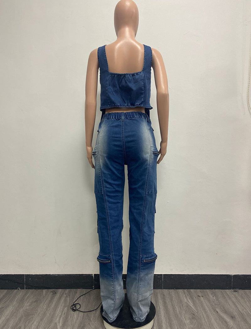 Denim Cargo Vest and Wide-Leg Pants Set