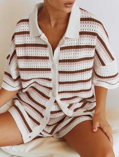 Striped Short-Sleeve Knit Top and Shorts Set