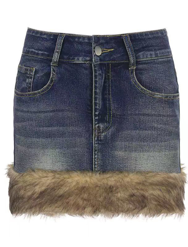 Denim Mini Skirt with Faux Fur Trim