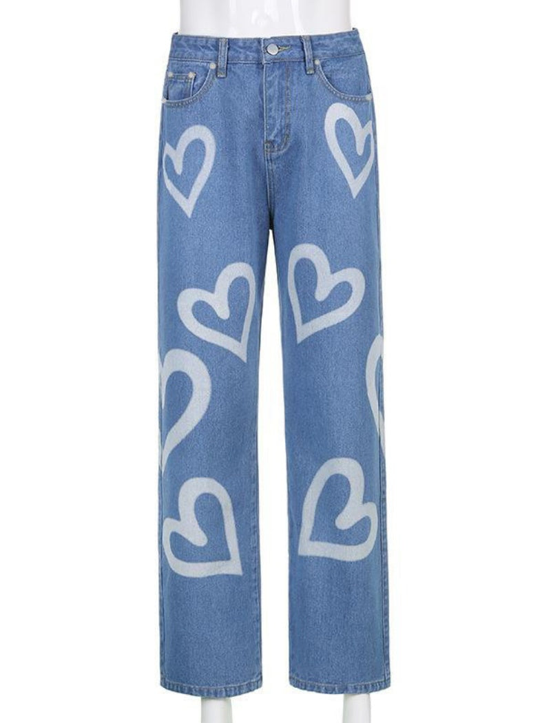 Heart Print Wide-Leg Jeans