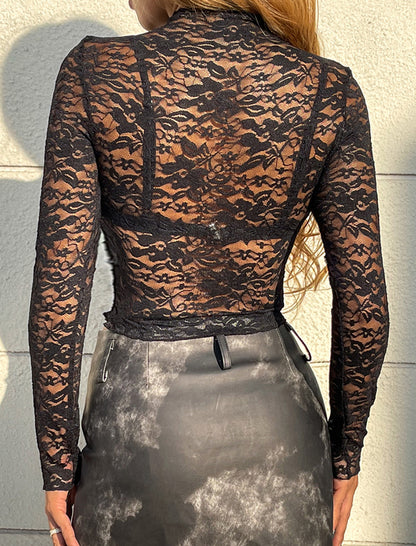 Long-Sleeve Sheer Lace Crop Top