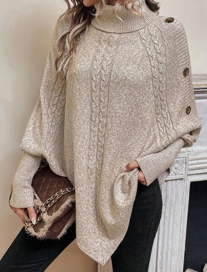 Cable Knit Button-Accent Poncho Sweater