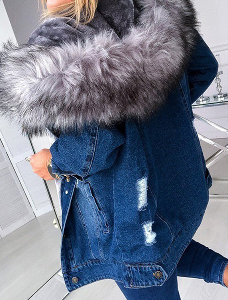 Denim Jacket with Faux Fur Trim Hood