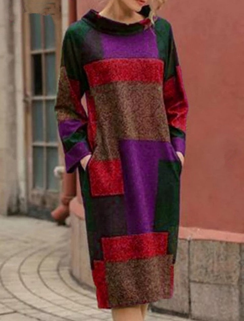 Colorblock Patchwork Long Sleeve Midi Dress