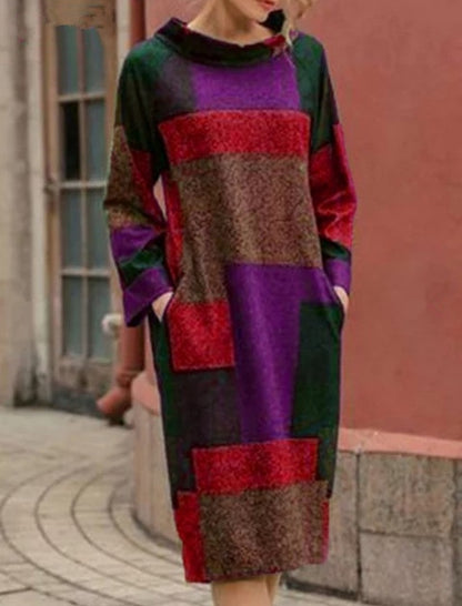 Colorblock Patchwork Long Sleeve Midi Dress