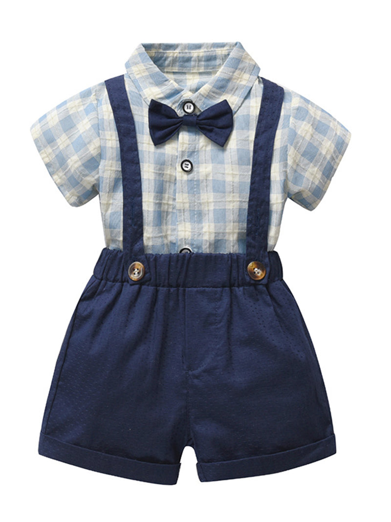 Plaid Bowtie Shirt and Suspender Shorts Set (Kids)