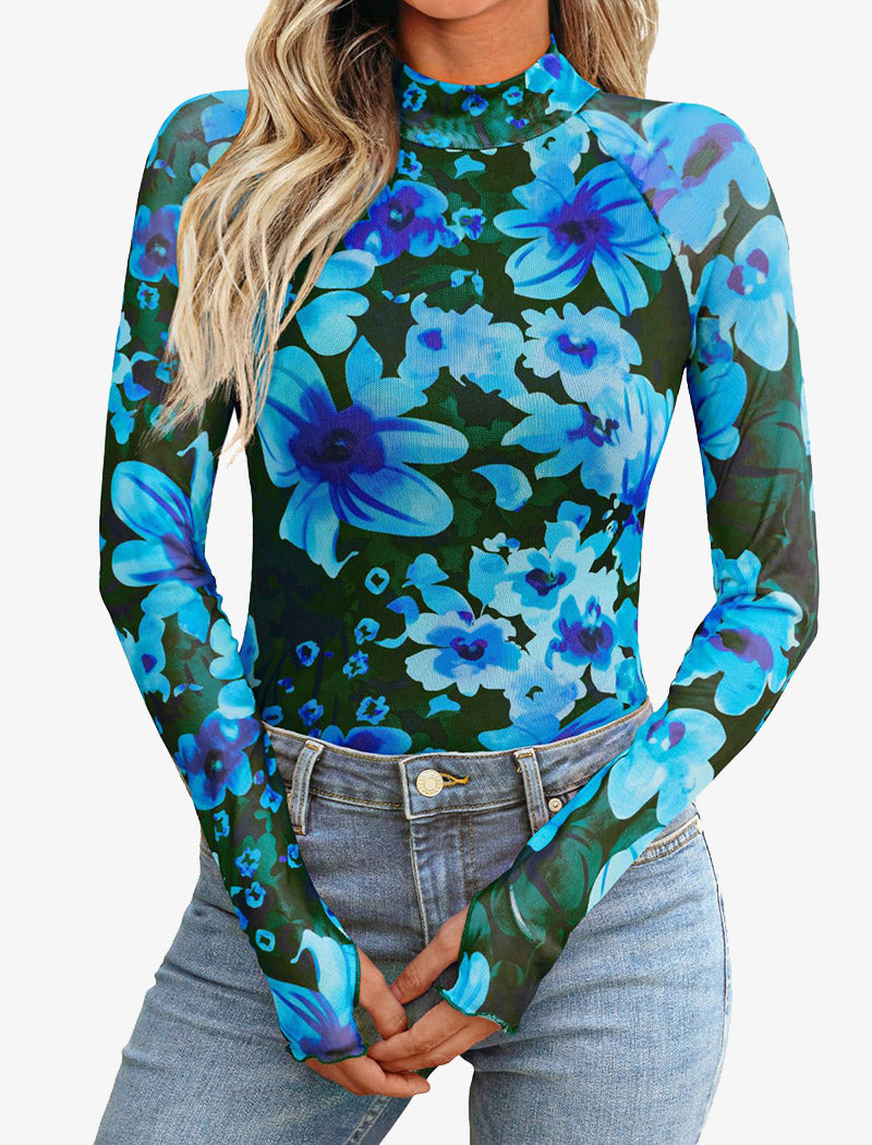 Floral Mesh Long-Sleeve Top with High Neck