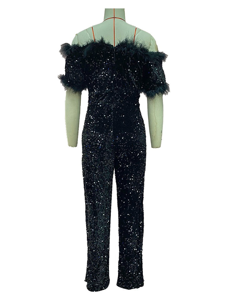 Sequin Feather Embellished Jumpsuit