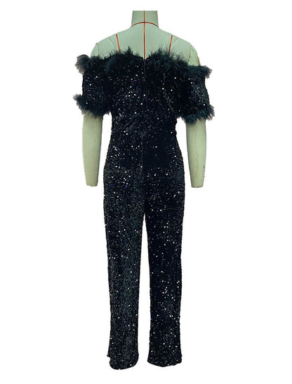Sequin Feather Embellished Jumpsuit