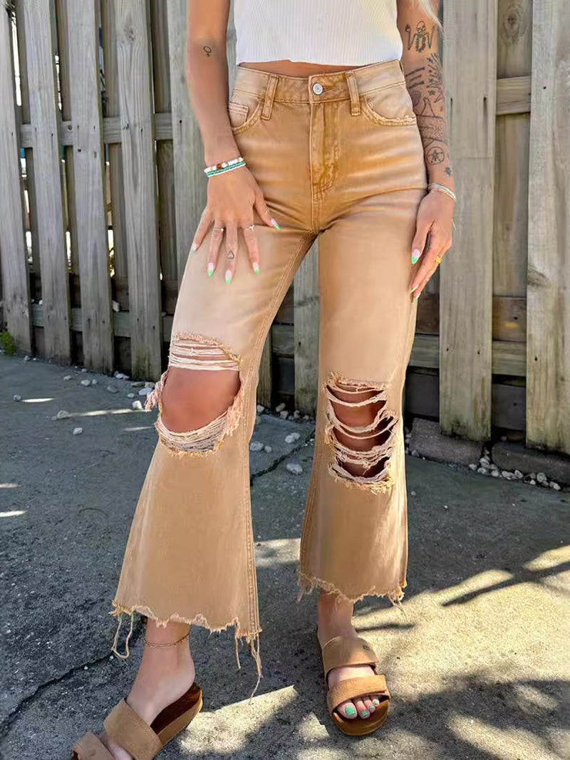 Distressed High-Rise Flared Jeans