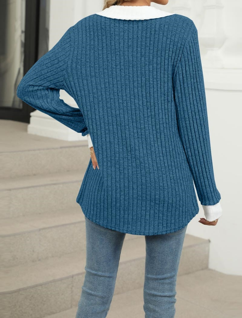 Colorblock Collared Long Sleeve Loose Tee