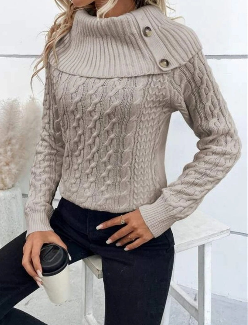 Buttoned Cable Knit Turtleneck Sweater