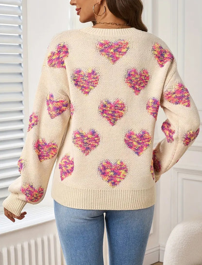 Relaxed Fit Sweater with Colorful Heart Print