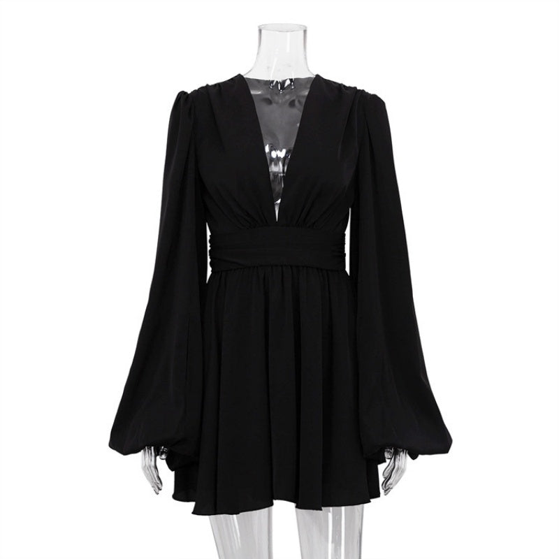 Plunging Flared Sleeve Pleated Mini Dress