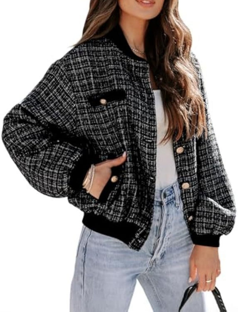 Plaid Bomber Jacket with Pockets