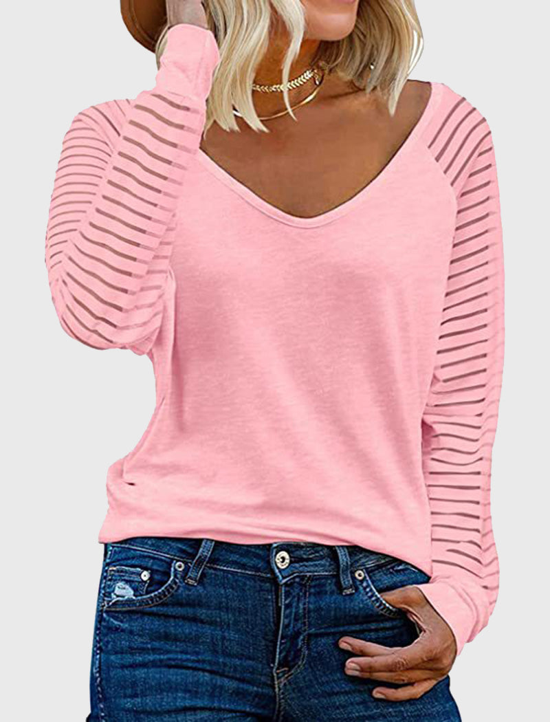 Striped Sleeve V-Neck Long Sleeve Tee