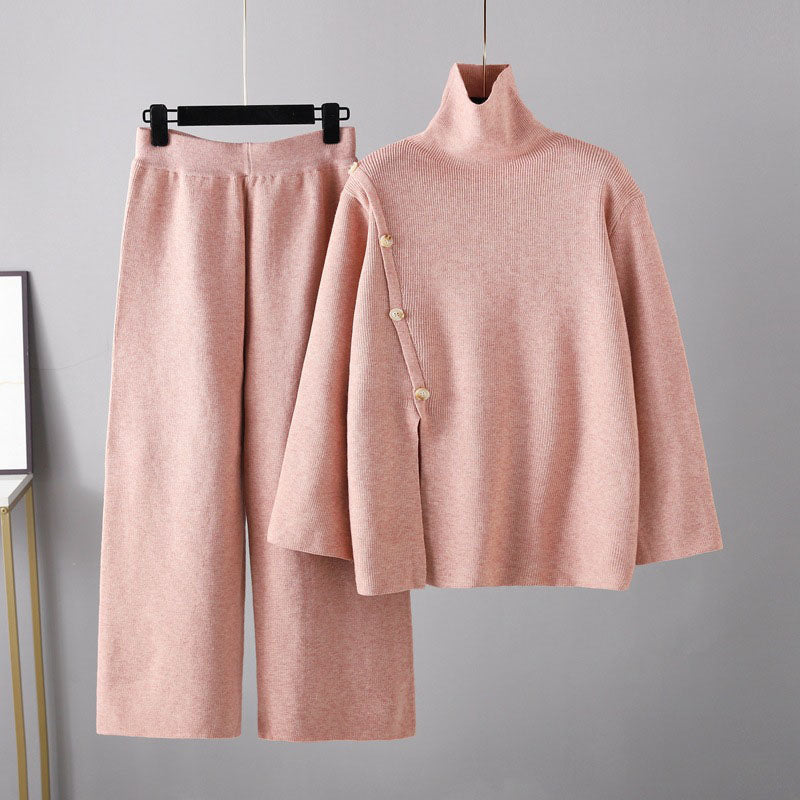 Stand Collar Split Knit High Neck Sweater and Wide-Leg Pants Set