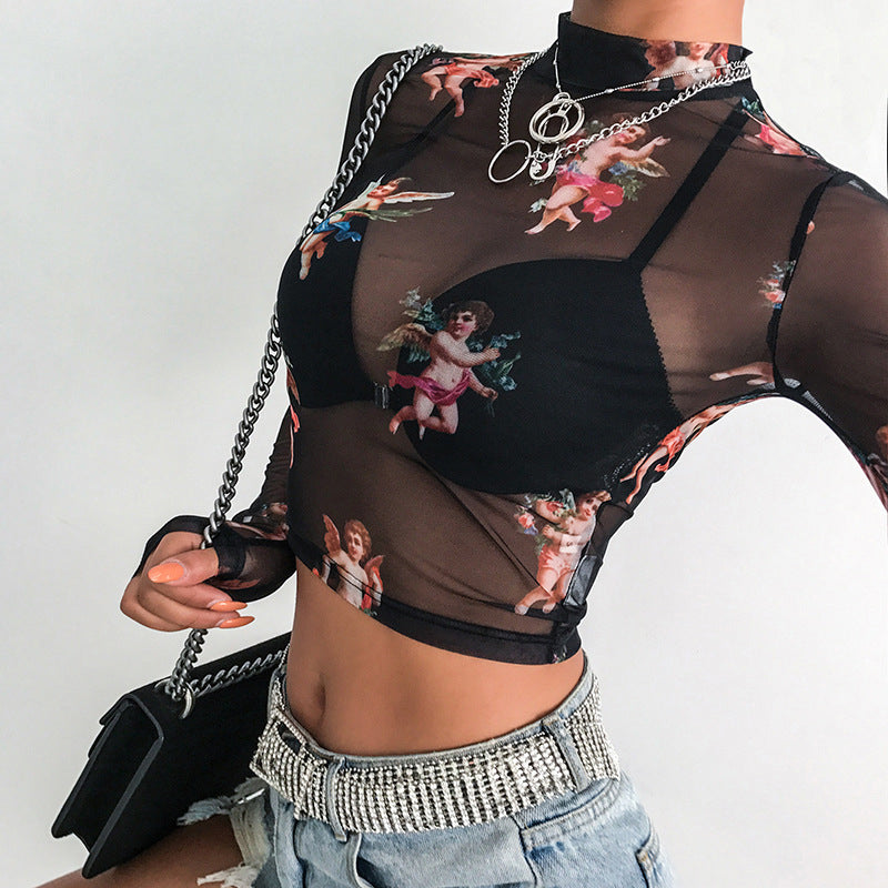 Sheer Mesh Long Sleeve Angel Print Top