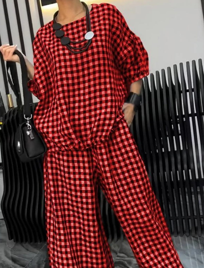 Gingham Top and Wide-Leg Pants Set