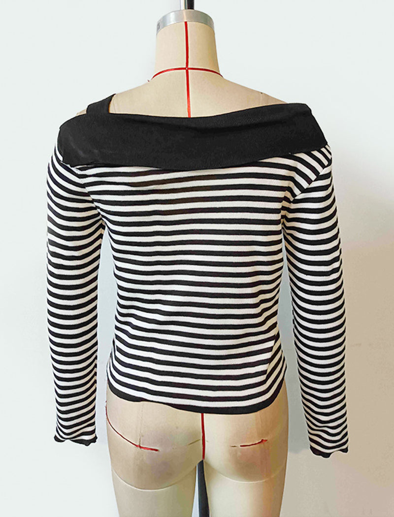 Black and White Striped Off-Shoulder Long Sleeve Top