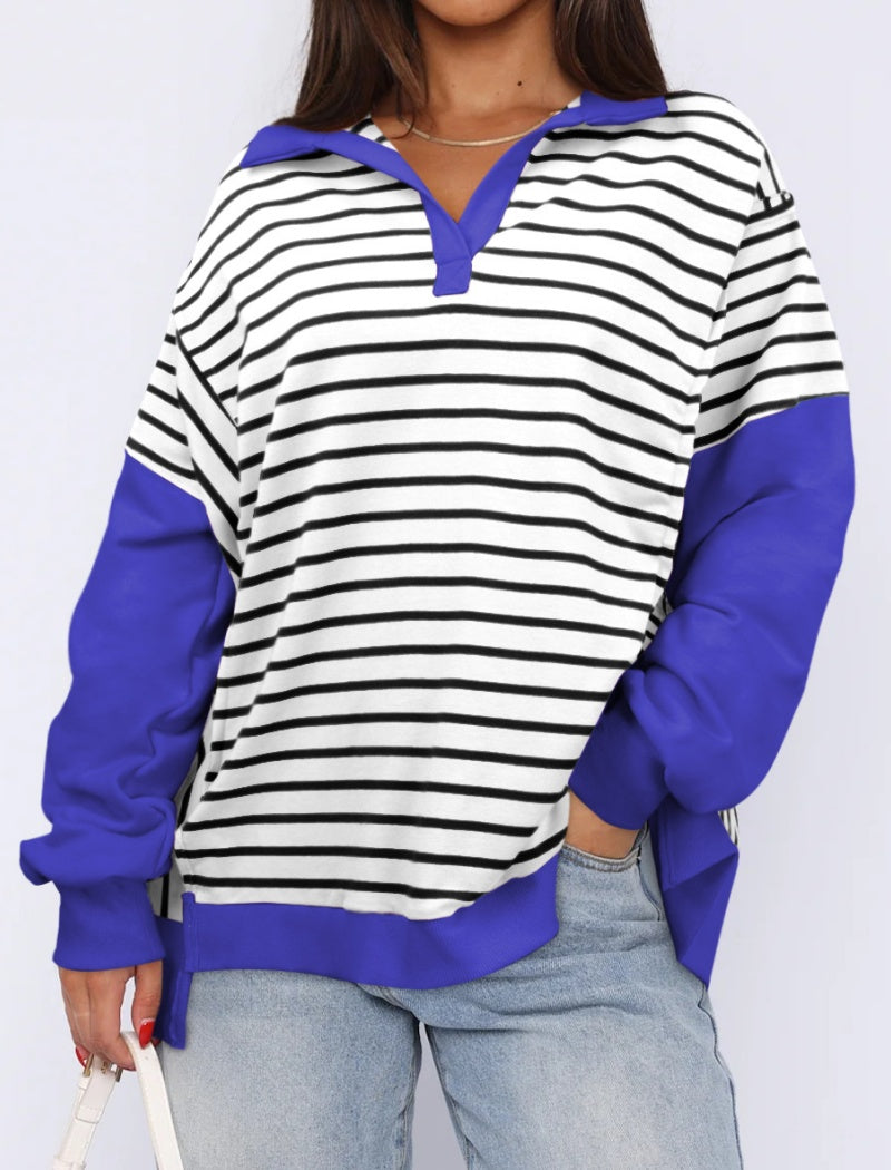 Striped Oversized Pullover with V-Neck