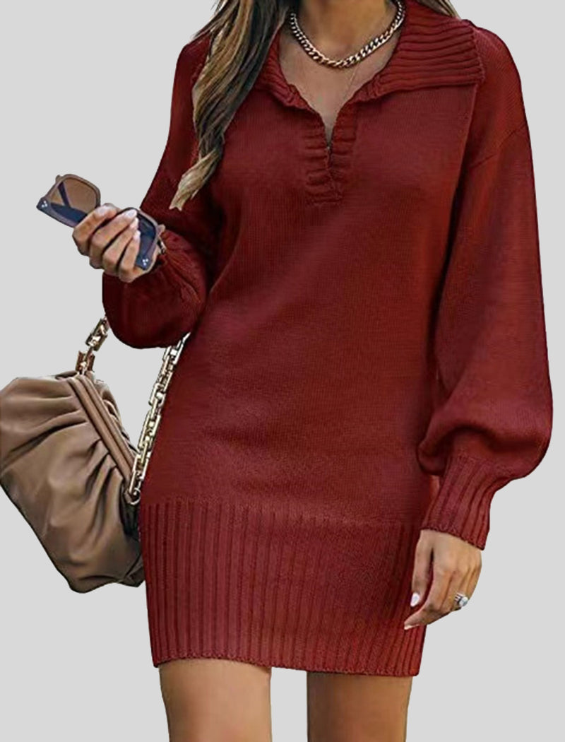 Collared Ribbed Mini Sweater Dress