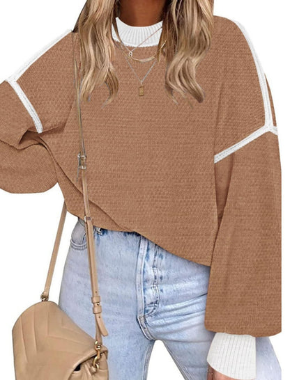 Oversized Waffle Knit Sweater with Contrast Stitching