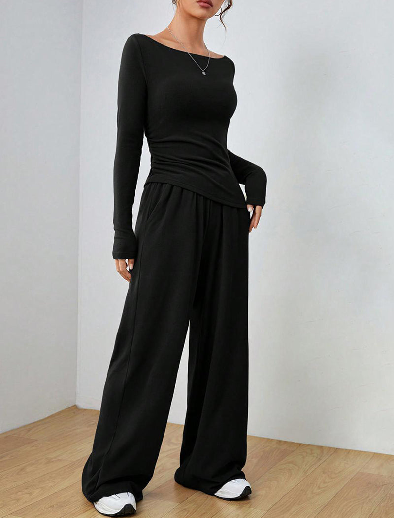 Fitted Long-Sleeve Top and Wide-Leg Pants Set