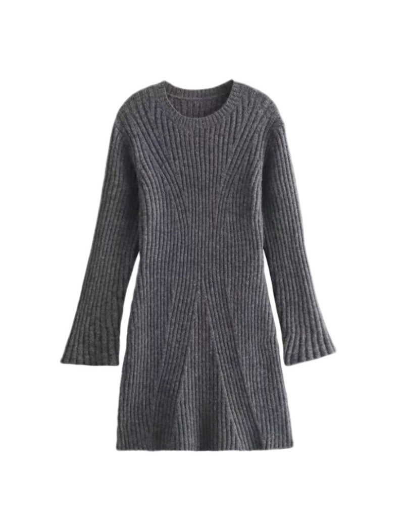 Ribbed Knit Flared-Sleeve Dress