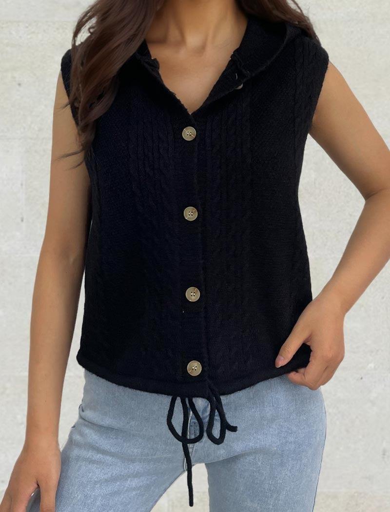 Cable-Knit Button-Up Sleeveless Vest