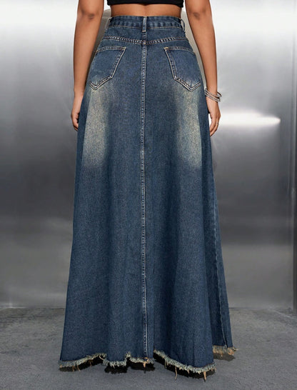 High-Waisted Denim Maxi Skirt with Raw Hem