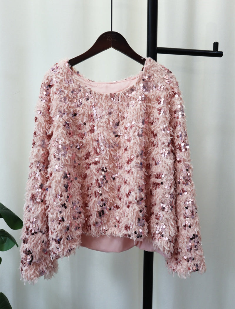 Sequin Fringe Sweater with Balloon Sleeves