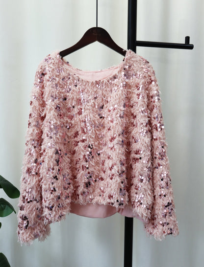 Sequin Fringe Sweater with Balloon Sleeves