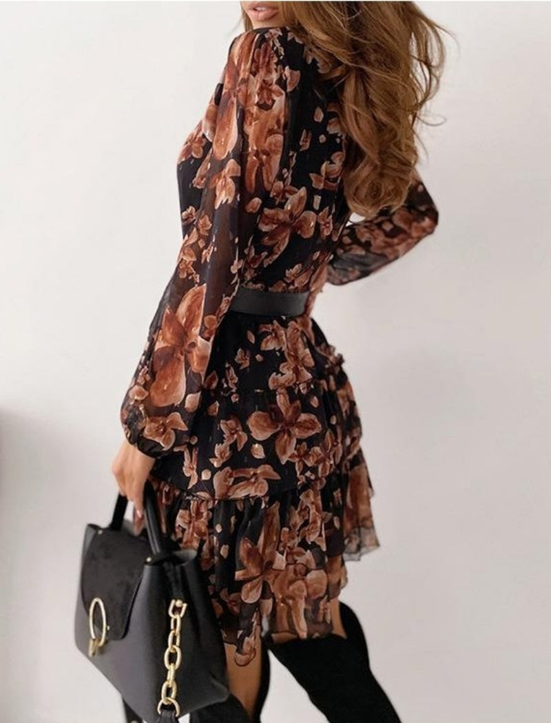 Printed V-Neck Long Sleeve Belted Ruffle Mini Dress