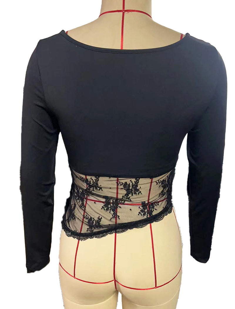 Long Sleeve Lace Panel Fitted Top