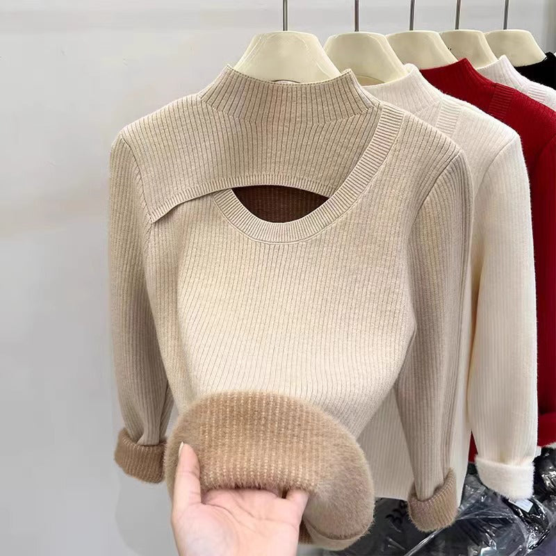 Fleece-Lined Mock Neck Cutout Sweater
