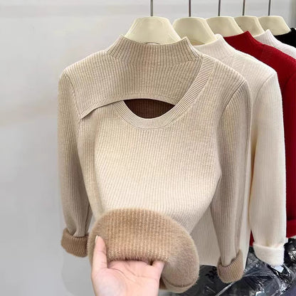Fleece-Lined Mock Neck Cutout Sweater
