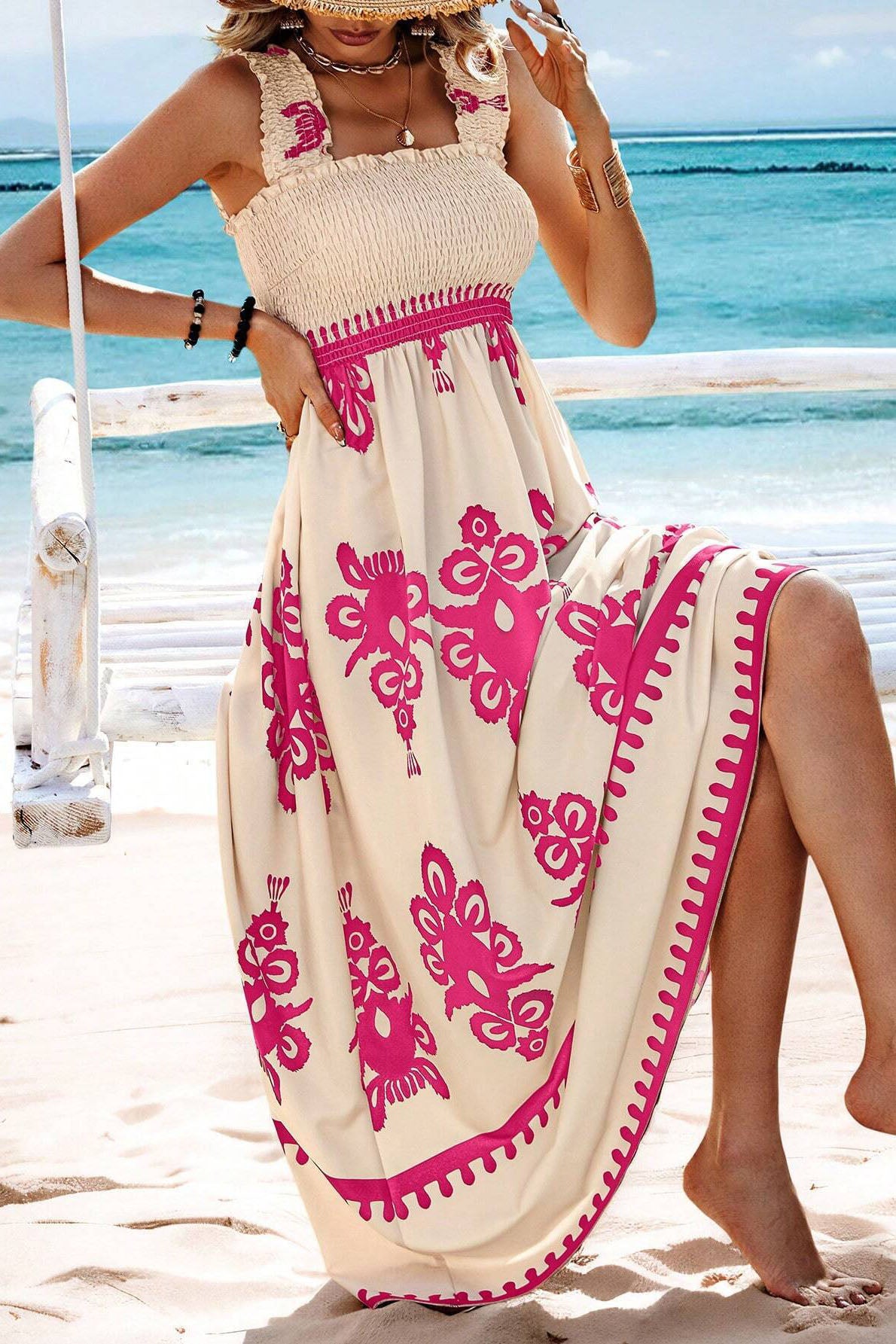 Boho Print Smocked Maxi Dress