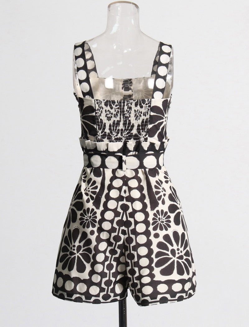 Floral Print Romper with Waist Tie