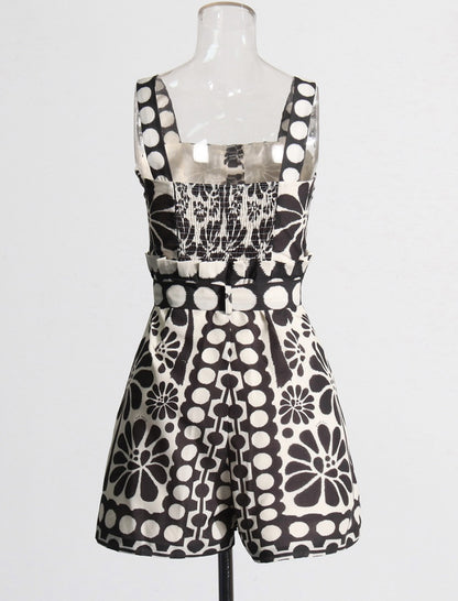 Floral Print Romper with Waist Tie