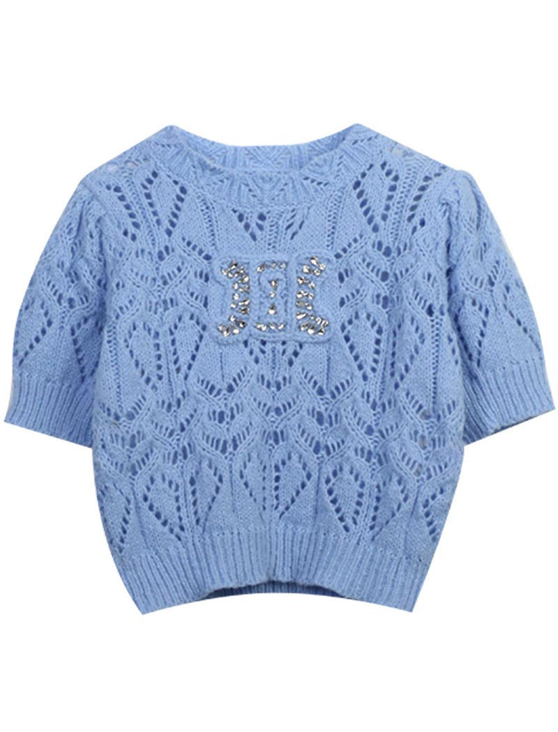 Rhinestone Logo Crochet Knit Top