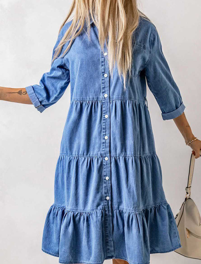 Tiered Button-Up Denim Mini Dress