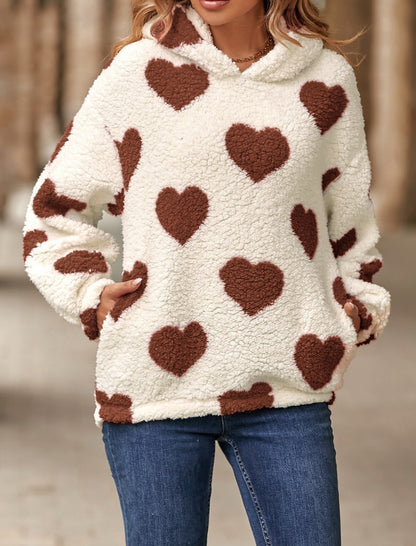 Heart Print Plush Pullover Hoodie