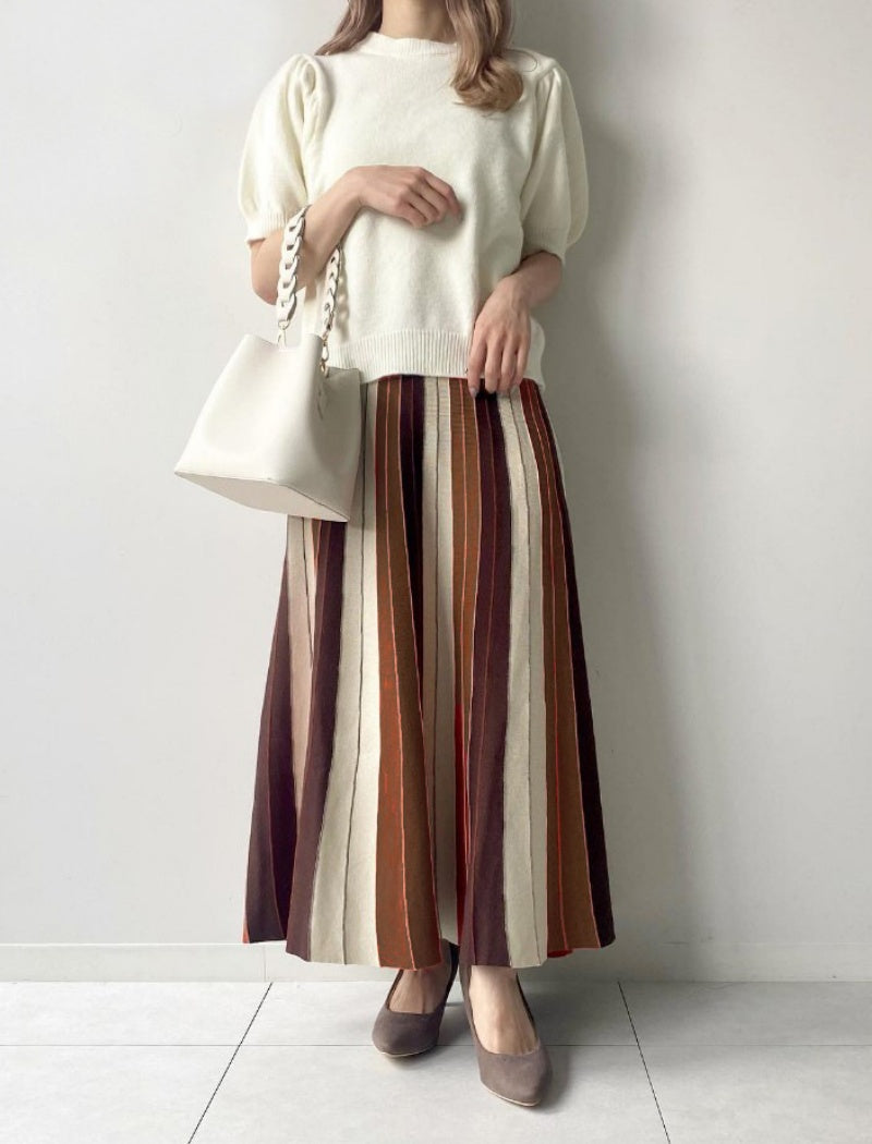 Vertical Stripe Pleated Maxi Skirt