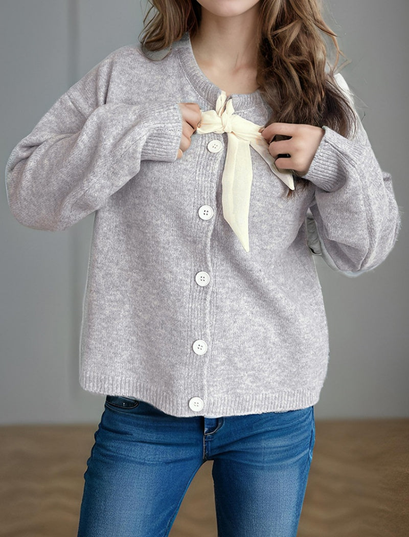 Button-Up Cardigan with Bow Detail