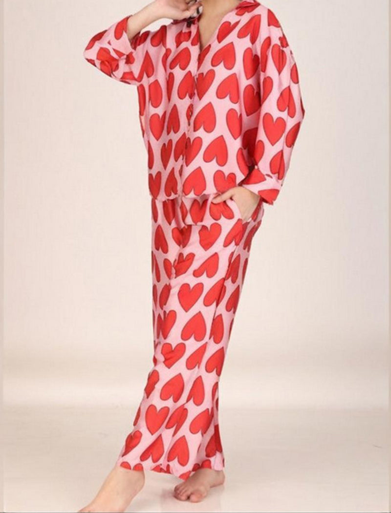 Heart Patterned Long-Sleeve Pajama Set