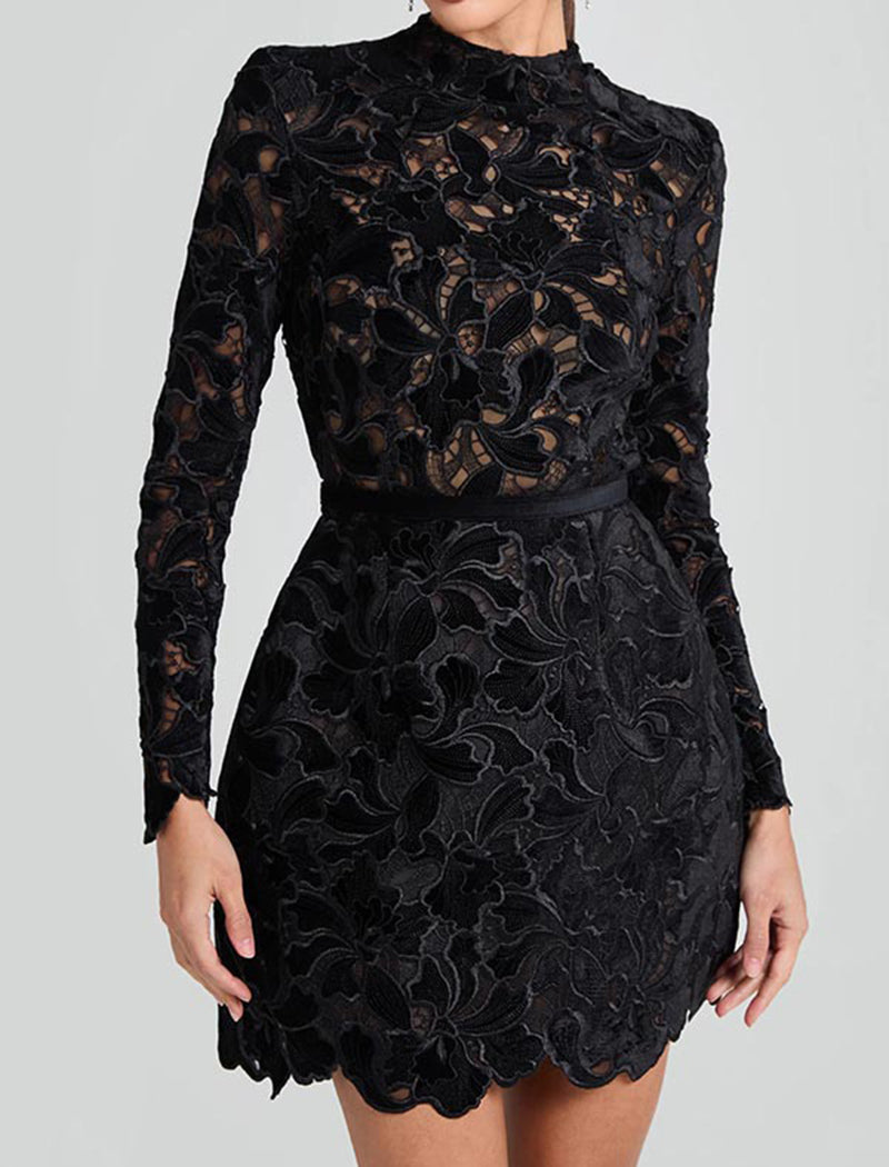 Floral Lace Mini Dress with High Neckline