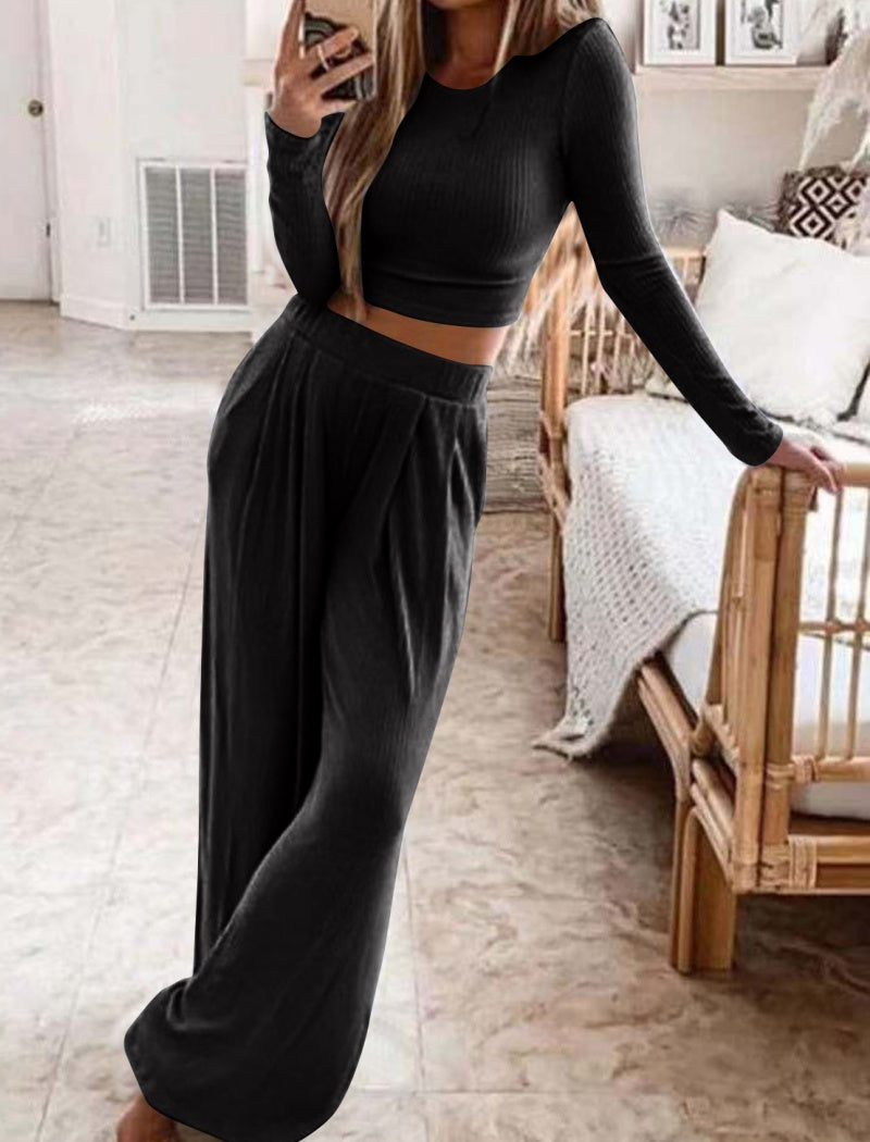 Ribbed Two-Piece Crop Top and Wide Pants Set