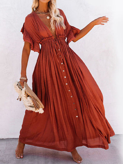 Button Front Drawstring Maxi Dress