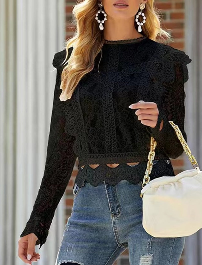 Long Sleeve Lace Top with Ruffle Detail